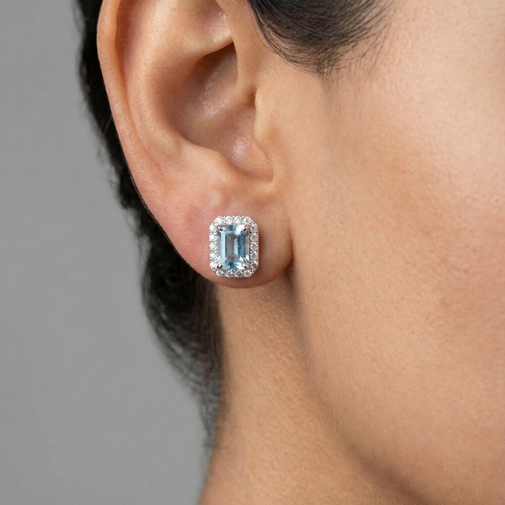 Skyline Aura 18K White Gold Aquamarine Diamond Stud Earrings - Picture 2 of 3
